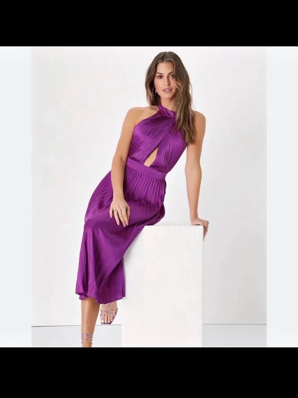 Lulus Purple Satin Pleated Halter Midi Dress